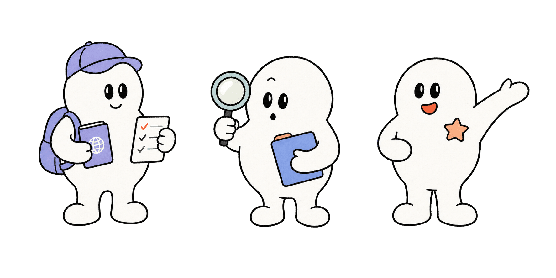 여권 준비, 공식 근거 확인, 다음 행동 안내를 함께하는 KARXY 세 마스코트